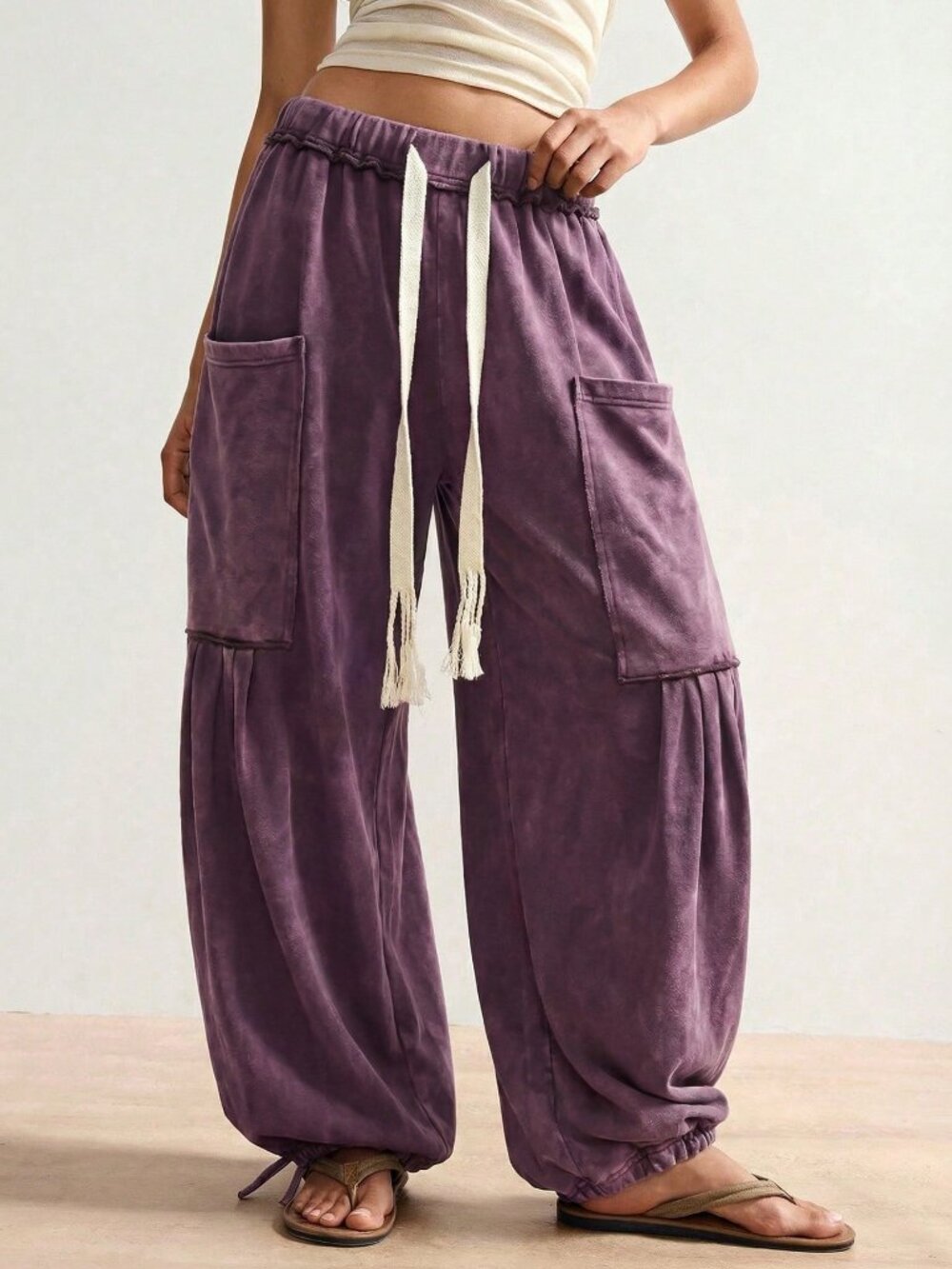 Purple Casual Women's Loose Fit Long Drawstring Pocket Plain Pants